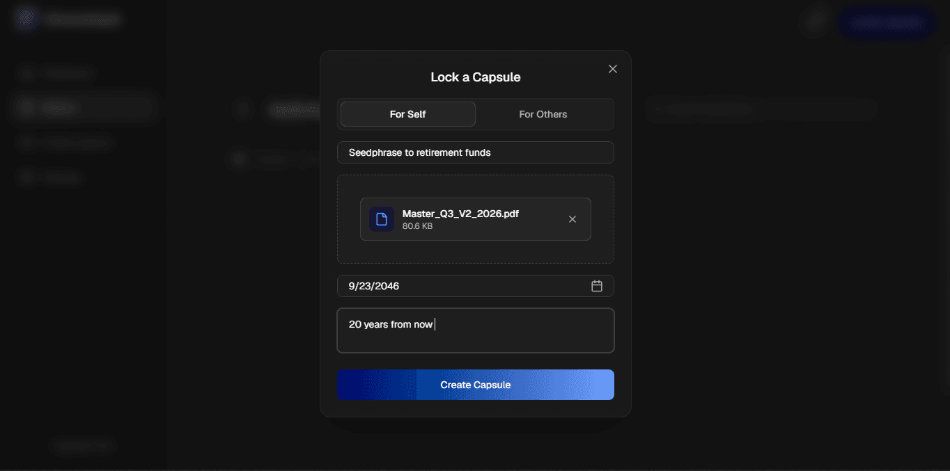 ChronoVault — Create Capsule page, desktop view