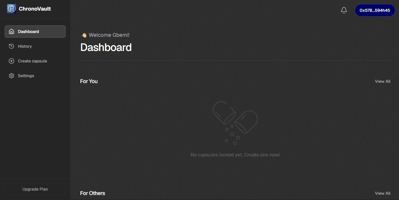 ChronoVault — Dashboard page, desktop view