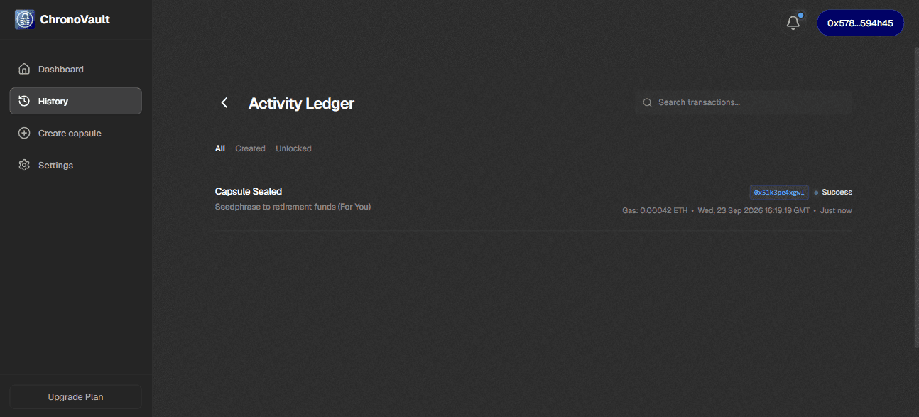 ChronoVault features — Activity Ledger page, desktop view