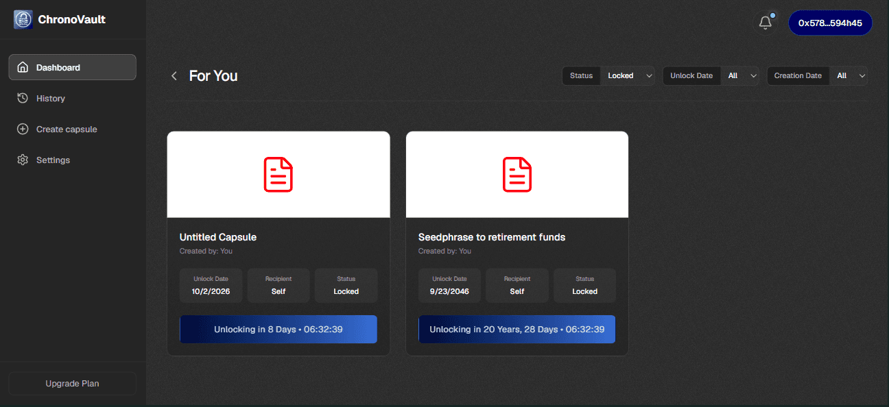 ChronoVault features — Capsule Filters page, desktop view