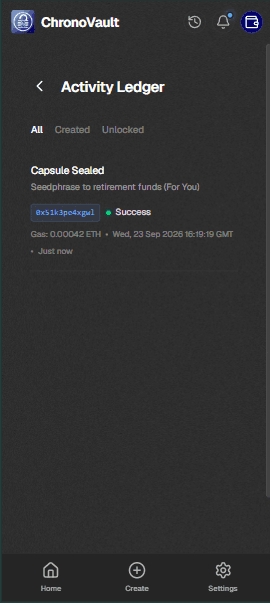 ChronoVault features — Activity Ledger page, mobile view