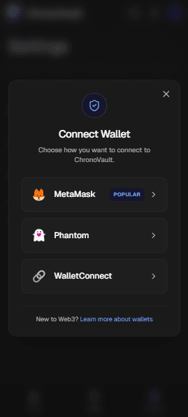 ChronoVault features — Connect Wallet page, mobile view