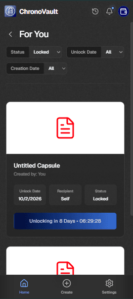 ChronoVault features — Capsule Filters page, mobile view