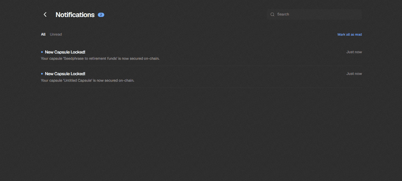 ChronoVault features — Notifications page, desktop view