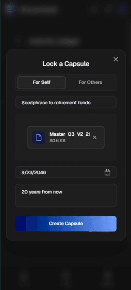ChronoVault — Create Capsule page, mobile view