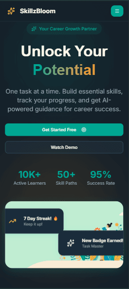 SkillzBloom — Home page, mobile view