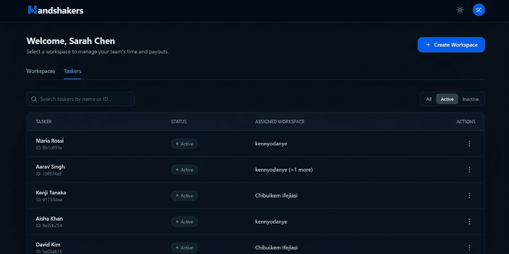 Handshakers — Dashboard page, desktop view