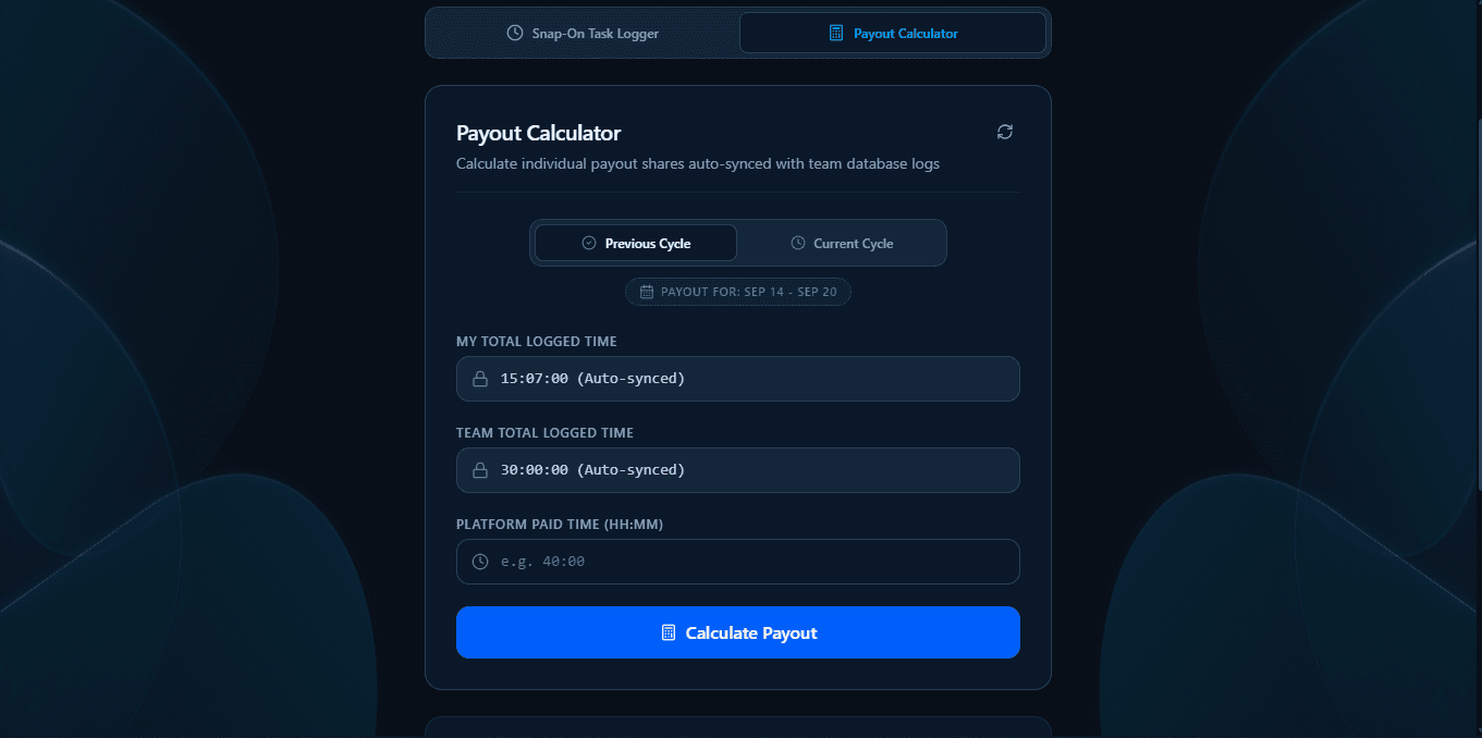 Handshakers features — Payout Calculator page, desktop view