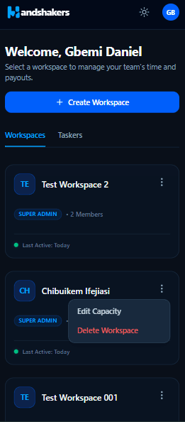 Handshakers — Dashboard page, mobile view