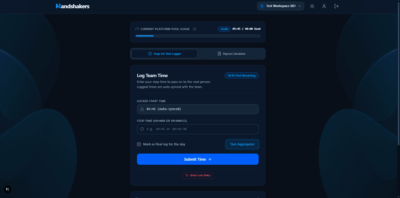 Handshakers — Workspace page, desktop view